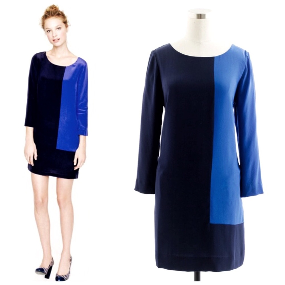 J. CREW Jules Dress Shift 100% Silk Colorblock Navy Blue Mini 3/4 Sleeve Tunic 4